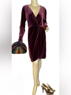 LOFT BURGUNDY VELOUR V NECK WRAP LOOK DRESS (XL)